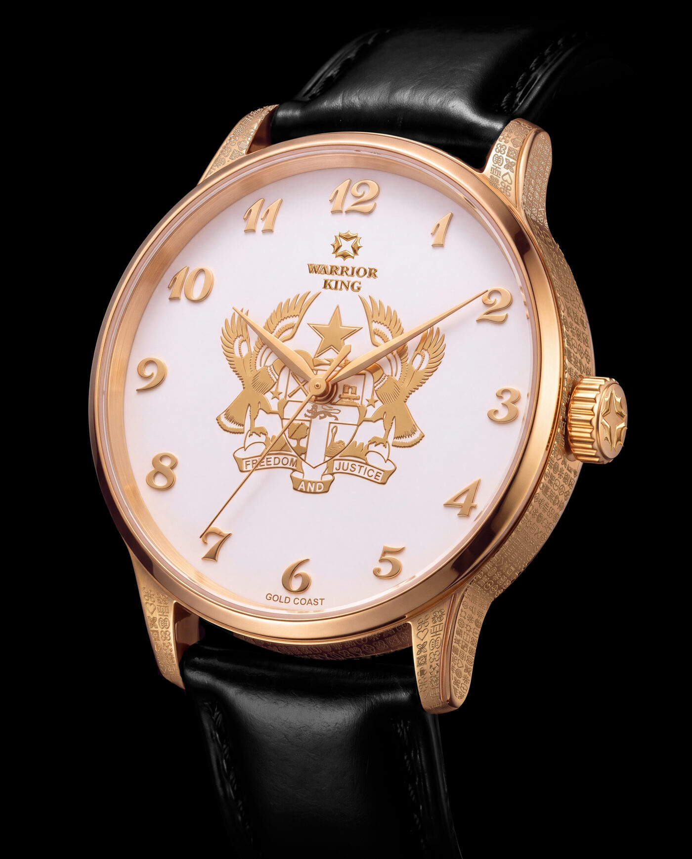 Warrior King Statesman, gold case and white dial bearing Ghana's Coat of Arms